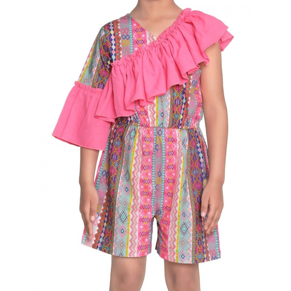 Pink cotton & polyester printed 3/4th sleeves dress, vibrant V-neck, knee-length style for girls