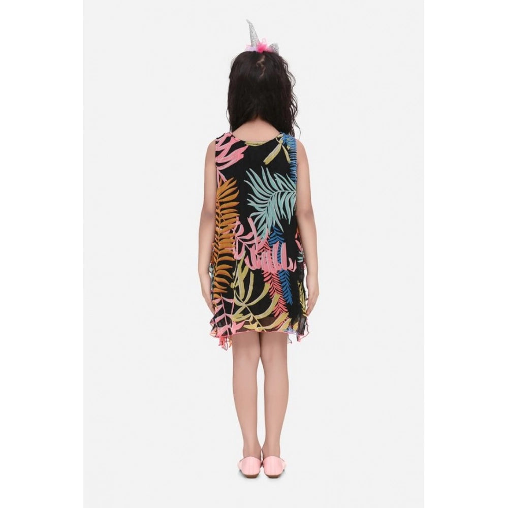 Black chiffon ruffled sleeveless dress for girls, elegant knee-length design with round neck, no closure