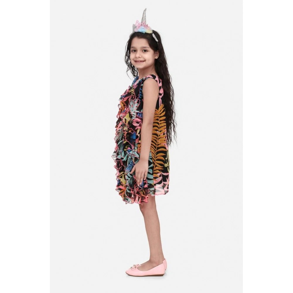 Black chiffon ruffled sleeveless dress for girls, knee-length with round neck