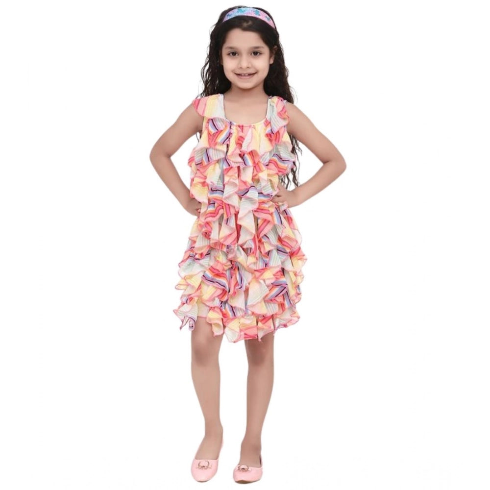 Multicolor chiffon ruffled sleeveless dress for girls, patterned with intricate ruffles, knee-length style without closure
