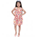 Multicolor chiffon ruffled sleeveless dress for girls, patterned with intricate ruffles, knee-length style without closure