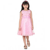 Pink net embroidered sleeveless dress for girls with round neck and zip closure, knee-length