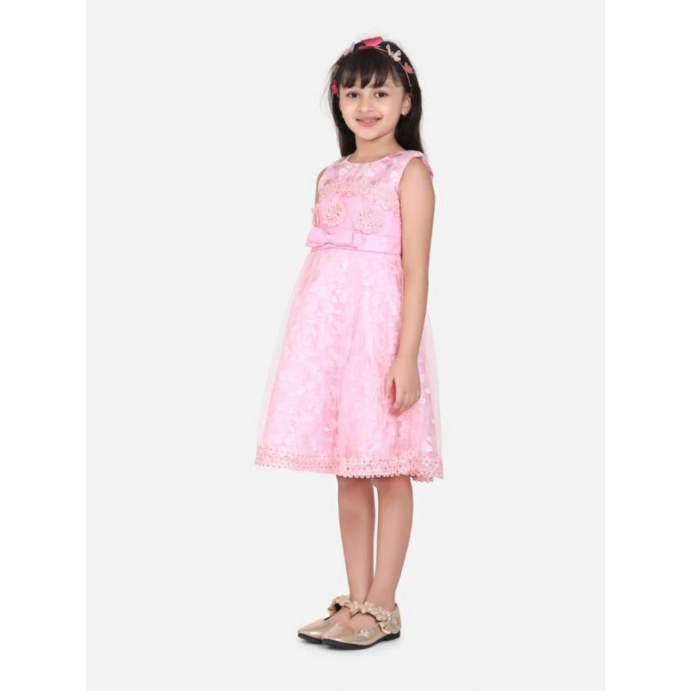 Pink net embroidered sleeveless dress with round neck and zip closure, knee-length style for girls' fashion