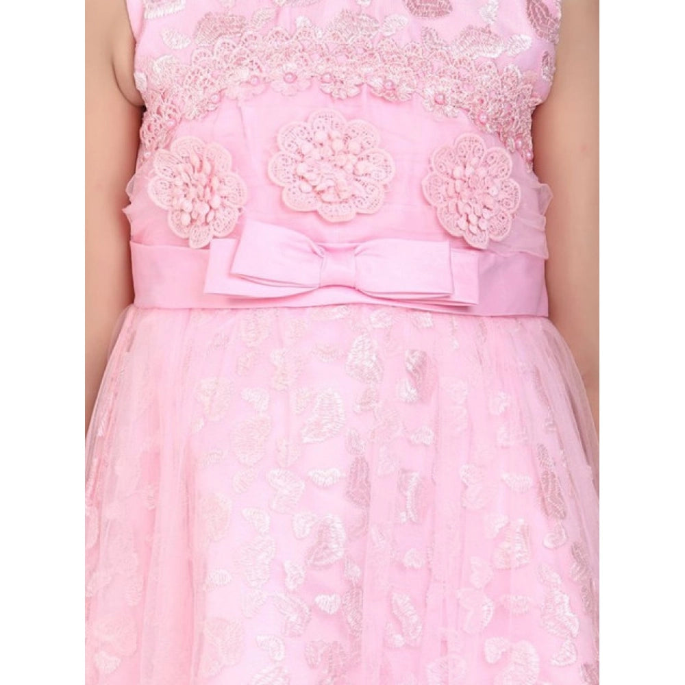 Pink net embroidered sleeveless dress for girls, round neck, zip closure, knee-length style