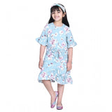 Turquoise blue polyester crepe floral bell sleeve dress for girls, round neck, below knee length on mannequin