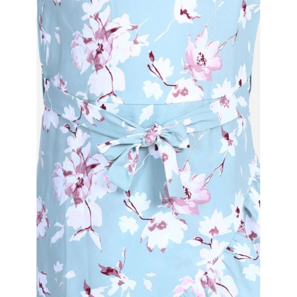 Turquoise blue floral bell sleeve dress for girls, polyester crepe material, below knee length with round neck and buttons closure