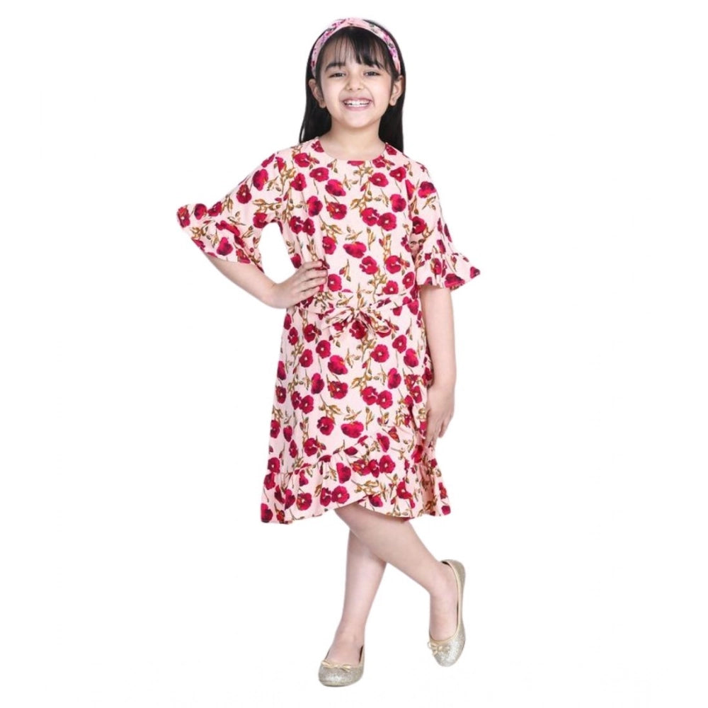 Red-Pink floral bell sleeve dress for girls, polyester crepe with button closure, below knee length on model