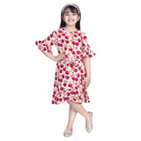 Red-Pink floral bell sleeve dress for girls, polyester crepe with button closure, below knee length on model
