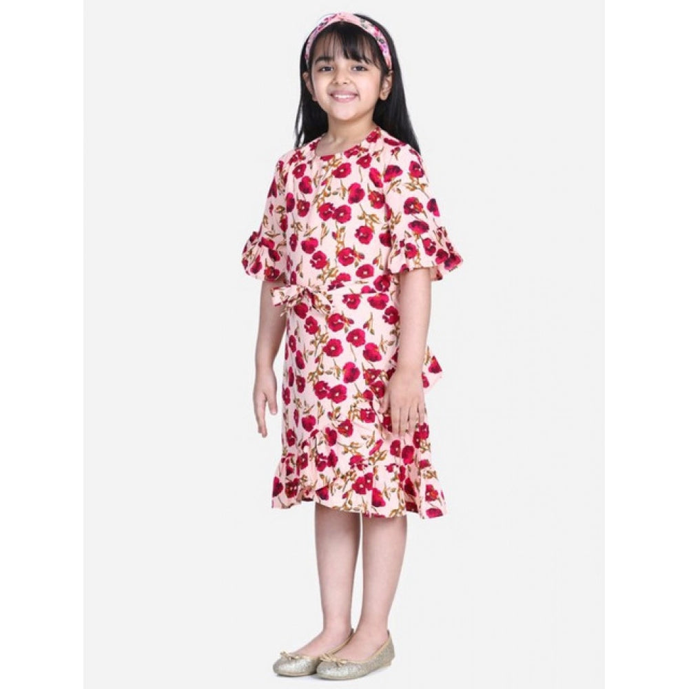 Red-Pink polyester crepe floral bell sleeve dress for girls, round neck, below knee length on mannequin