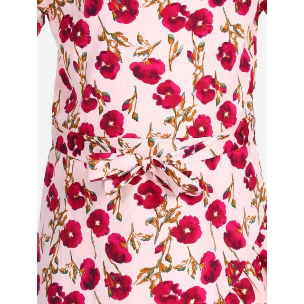 Red-Pink polyester crepe floral bell sleeve dress on model, below knee length with round neck