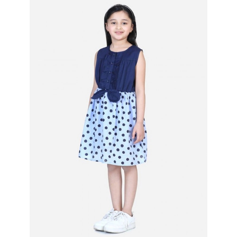 Blue denim polka sleeveless dress for girls, cotton lining, button closure, knee-length round neck style