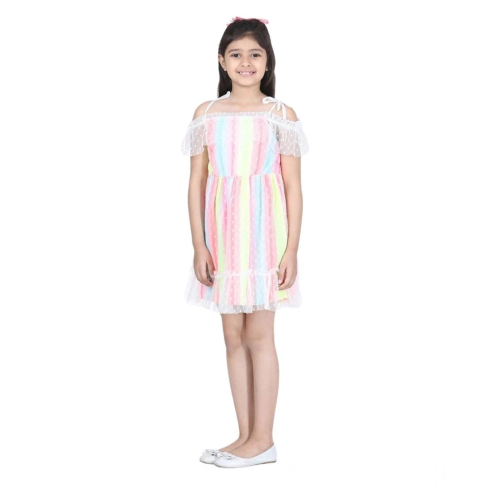 Multicolor self-designed polyester cold shoulder dress for girls, featuring round neck and above knee length