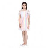 Multicolor self-designed polyester cold shoulder dress for girls, featuring round neck and above knee length