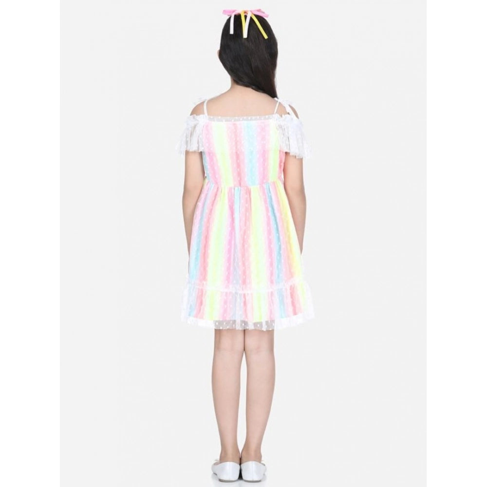 Multi-colored polyester self-design cold shoulder dress for girls, featuring round neck and above knee length with no closure