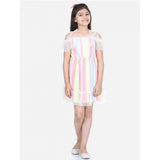 Multicolor polyester self-design cold shoulder dress for girls with round neck, above knee length