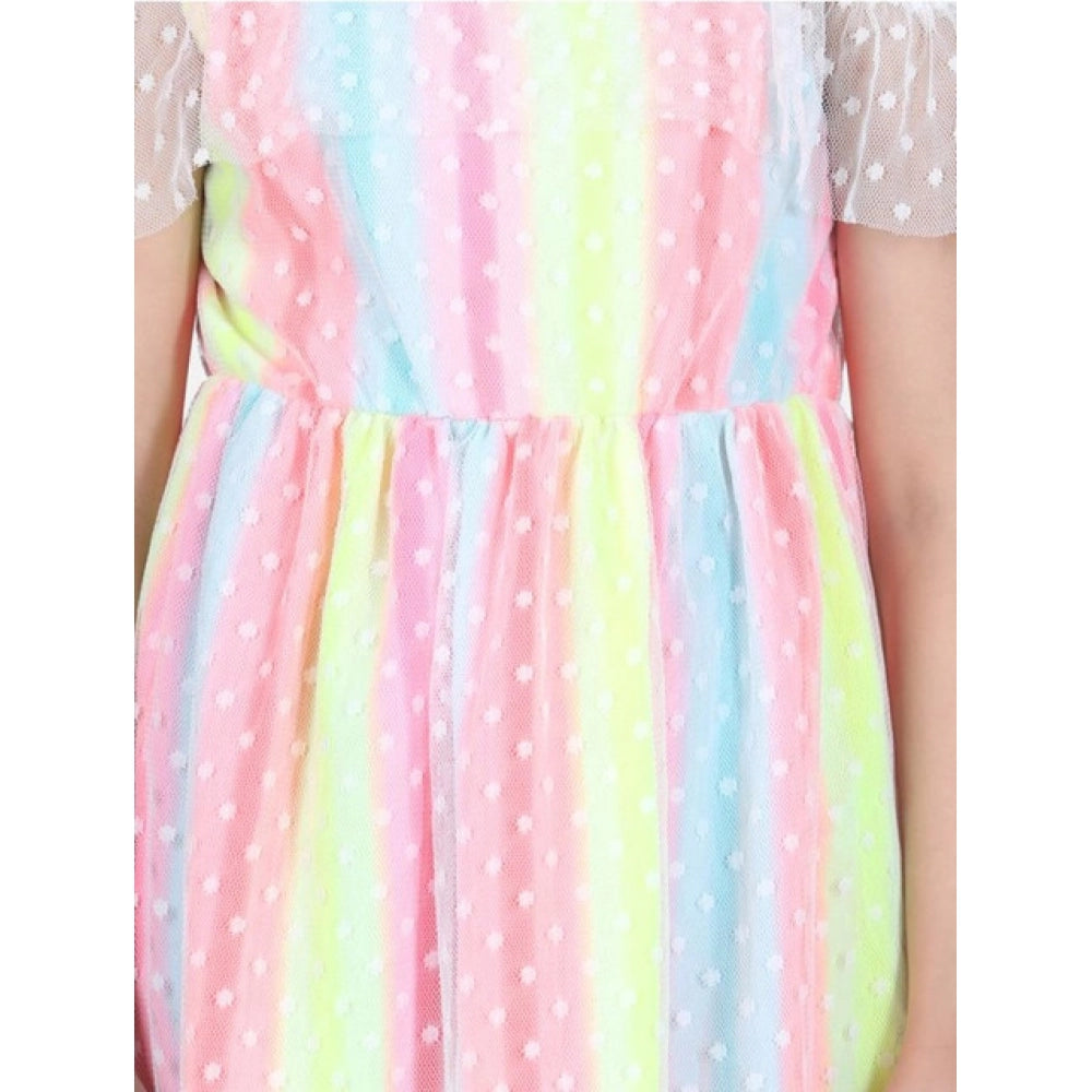 Multicolor polyester self-design cold shoulder dress for girls, featuring a round neck and above knee length without closure