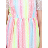 Multicolor polyester self-design cold shoulder dress for girls, featuring a round neck and above knee length without closure