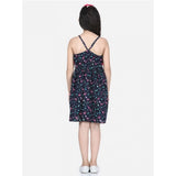 Black rayon flamingo print sleeveless dress for girls with round neck and above knee length