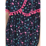 Black rayon flamingo print sleeveless dress for girls with round neckline and above-knee length