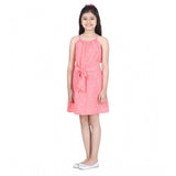 Coral polyester floral short sleeve dress for girls, round neck, above knee length with button closure