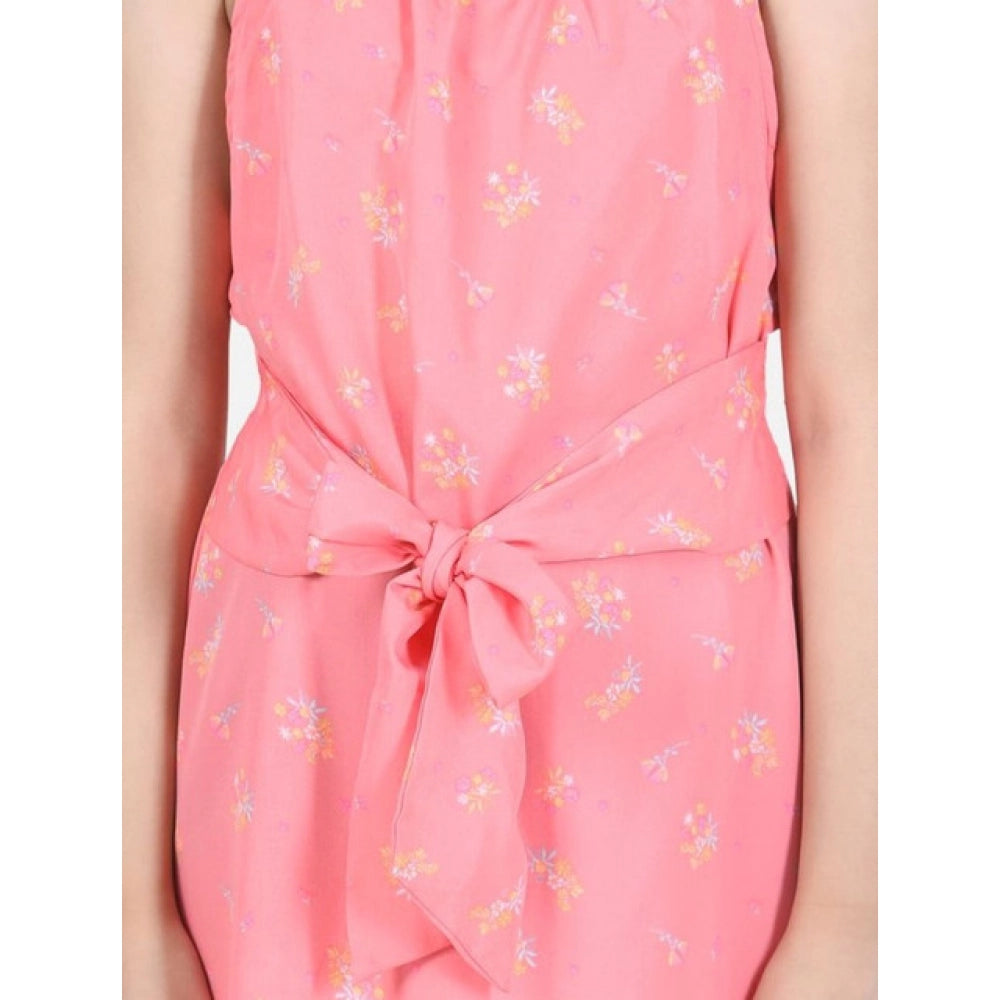 Coral polyester floral short sleeve dress for girls with round neck and above knee length
