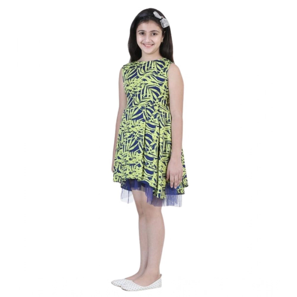 Yellow-Blue Polyester Crepe & Net Printed Sleeveless Dress for girls, round neck, above knee length with zip closure on model