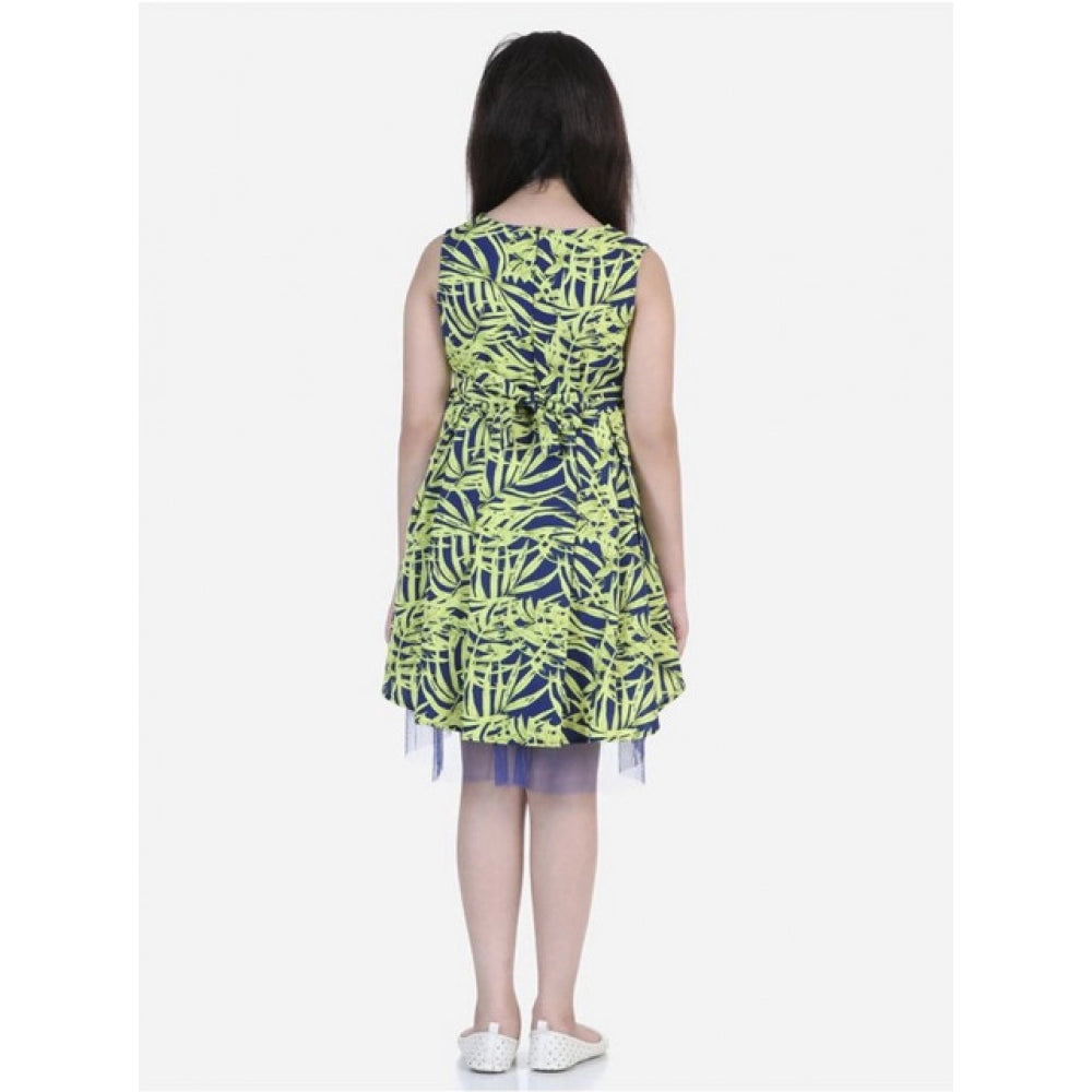 Yellow-Blue polyester crepe & net printed sleeveless dress for girls, vibrant summer outfit accessory on model