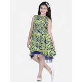 Yellow-Blue polyester crepe & net printed sleeveless dress for girls, featuring a round neckline and above knee length, showcasing vibrant colors on display