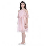 Blush pink net printed sleeveless dress for girls, knee-length with round neck, button closure