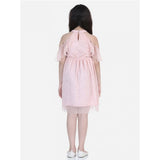 Blush pink net printed sleeveless dress for girls, ideal for summer parties with button closure and knee-length design