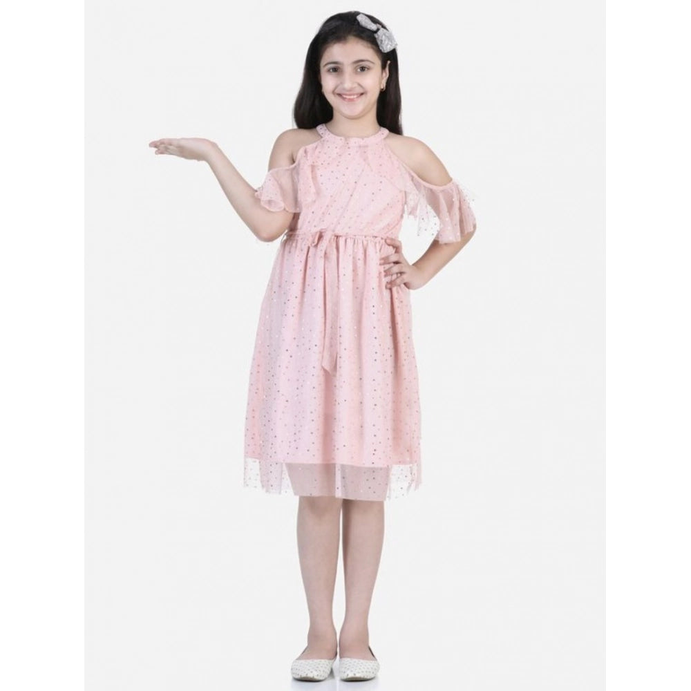 Blush pink net printed sleeveless dress for girls, knee-length with round neck, button closure