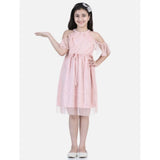 Blush pink net printed sleeveless dress for girls, knee-length with round neck, button closure