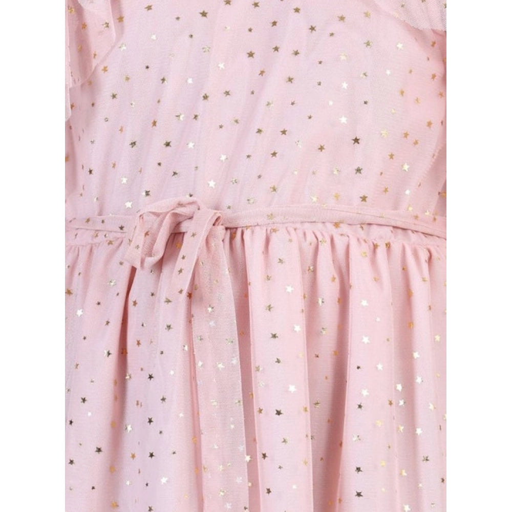 Blush pink net printed sleeveless dress for girls, knee-length round neck, button closure on display stand