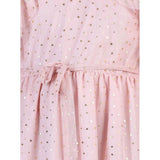 Blush pink net printed sleeveless dress for girls, knee-length round neck, button closure on display stand