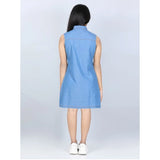 Blue denim cold shoulder dress, solid pattern for girls, above-knee length with shirt collar and button closure