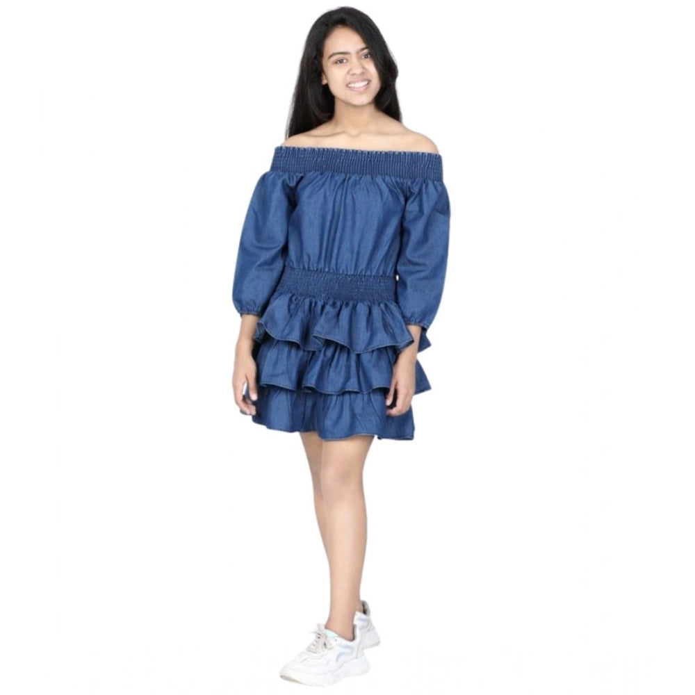 Blue denim solid off-shoulder dress, knee-length with no closure for casual summer outfits