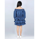 Blue denim solid off-shoulder dress, knee-length with no closure