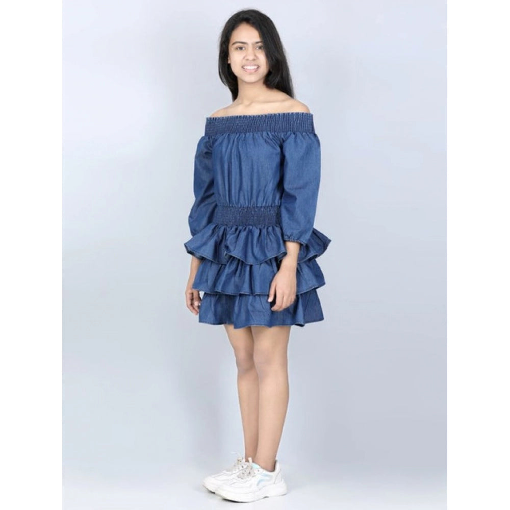 Blue denim solid off-shoulder dress for girls, knee-length with no closure