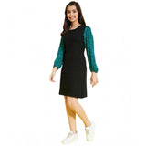 Black-Green printed polyester long sleeves dress for girls, vibrant pattern on round neck, above knee length