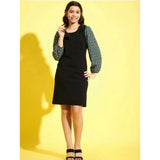 Green-Black printed polyester lycra sleeveless dress for girls on model