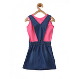 Pink denim & cotton bow sleeveless dungaree for girls, casual outdoor playwear on grassy field
