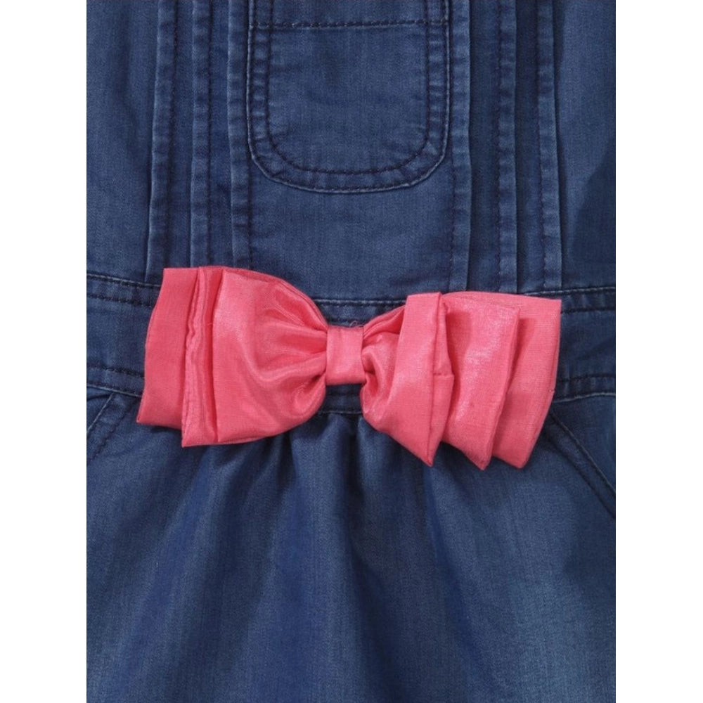 Pink denim & cotton bow sleeveless dungaree for girls, casual playwear with no closure