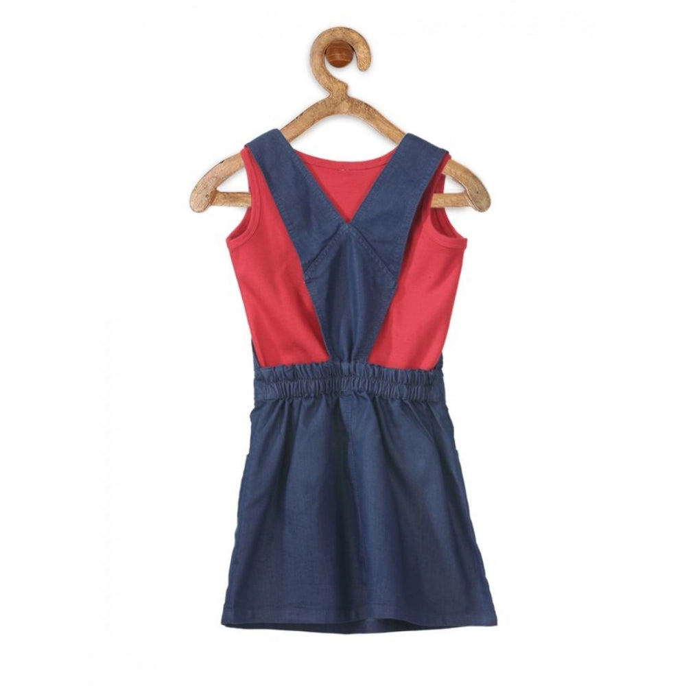 Red denim & cotton bow sleeveless dungaree for girls - open-fit, casual style