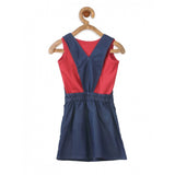 Red denim & cotton bow sleeveless dungaree for girls - open-fit, casual style