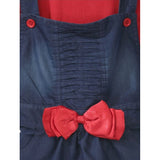Red denim & cotton bow sleeveless dungaree for girls, casual playwear without closure