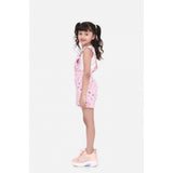 Light pink cotton printed sleeveless dungaree for girls - casual summer outfit on model