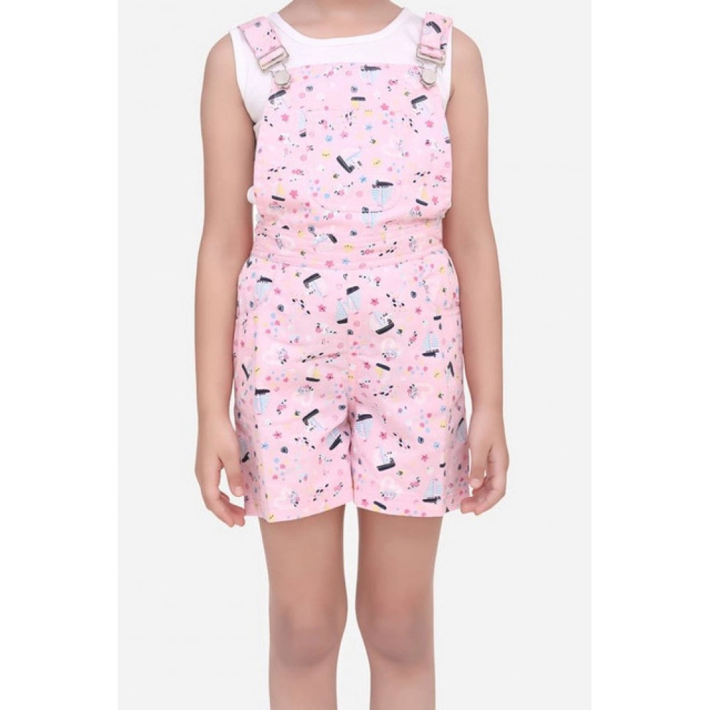 Light pink cotton printed sleeveless dungaree for girls - casual summer attire on grass