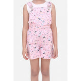 Light pink cotton printed sleeveless dungaree for girls - casual summer attire on grass