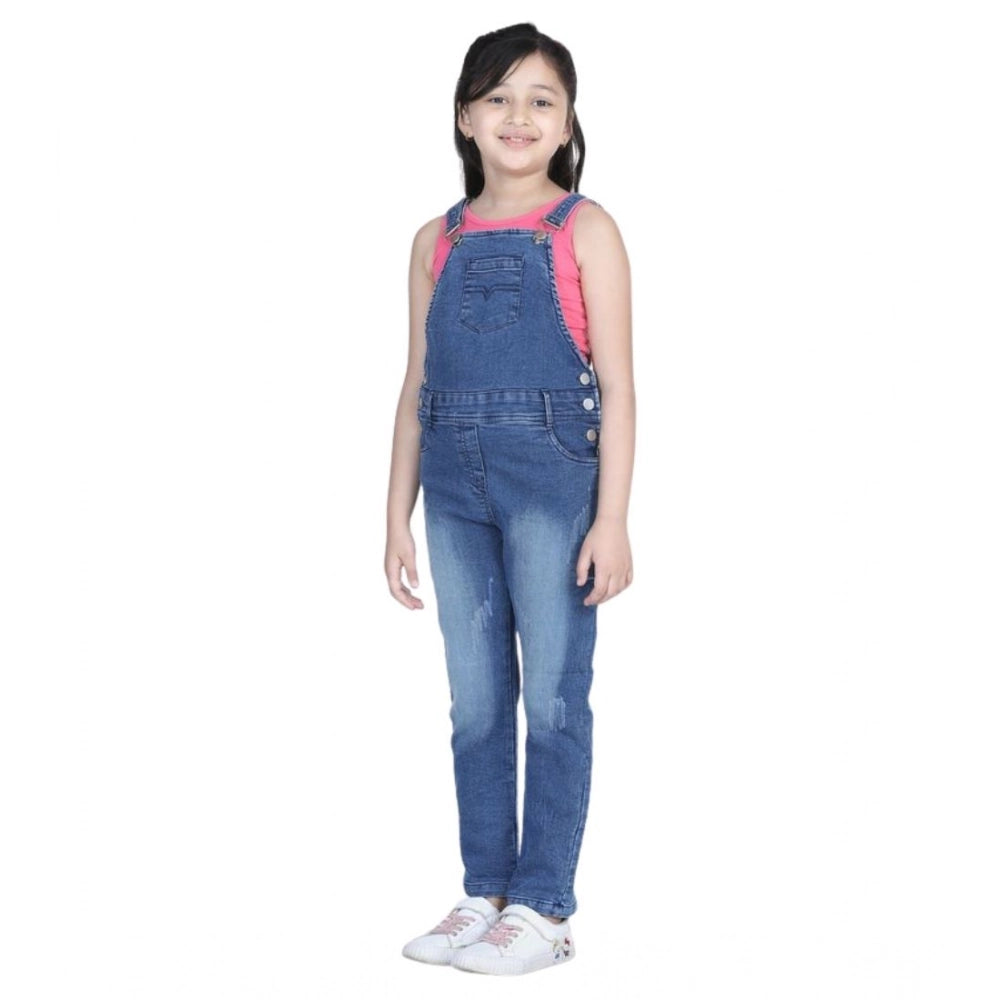 Blue denim washed dungaree for girls - vintage-inspired buttoned style with round neck and pull-on closure