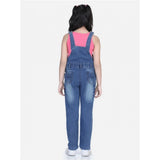 Blue denim washed dungaree for girls, buttoned waist with round neck, pull-on closure style